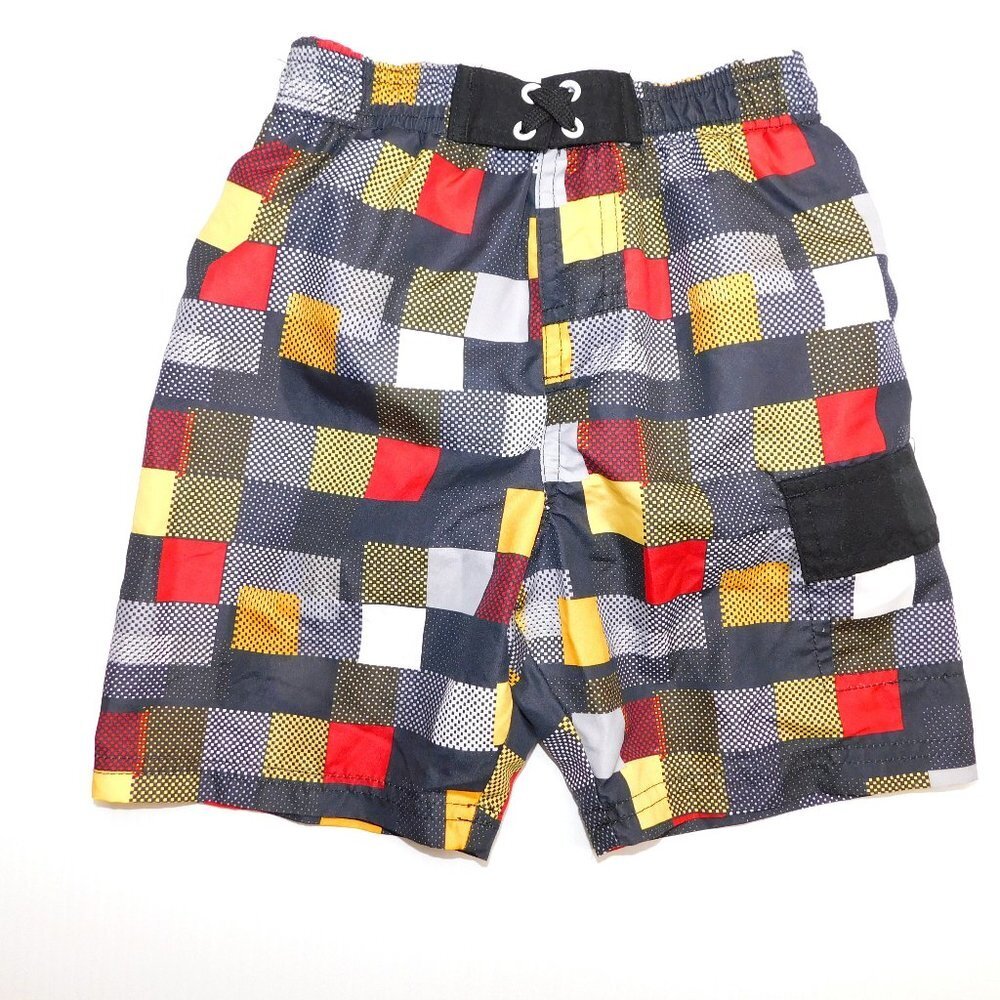 Urban VTG Toddler Boys 3T Lined Board Shorts Swim Suit Red yellow Black Plaid